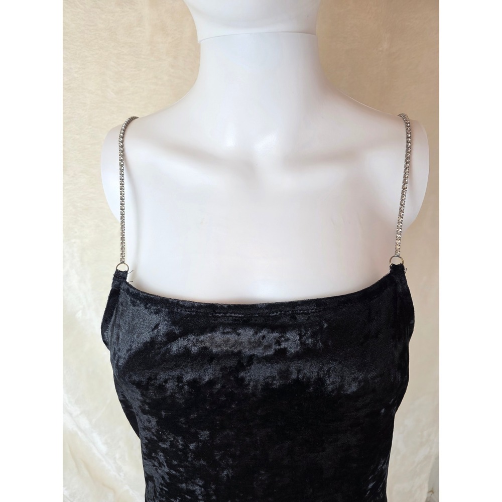 Black crushed Velvet‎ Rhinestone Chain Strap Mini Dress Party Clubwear XXL - Picture 3 of 5